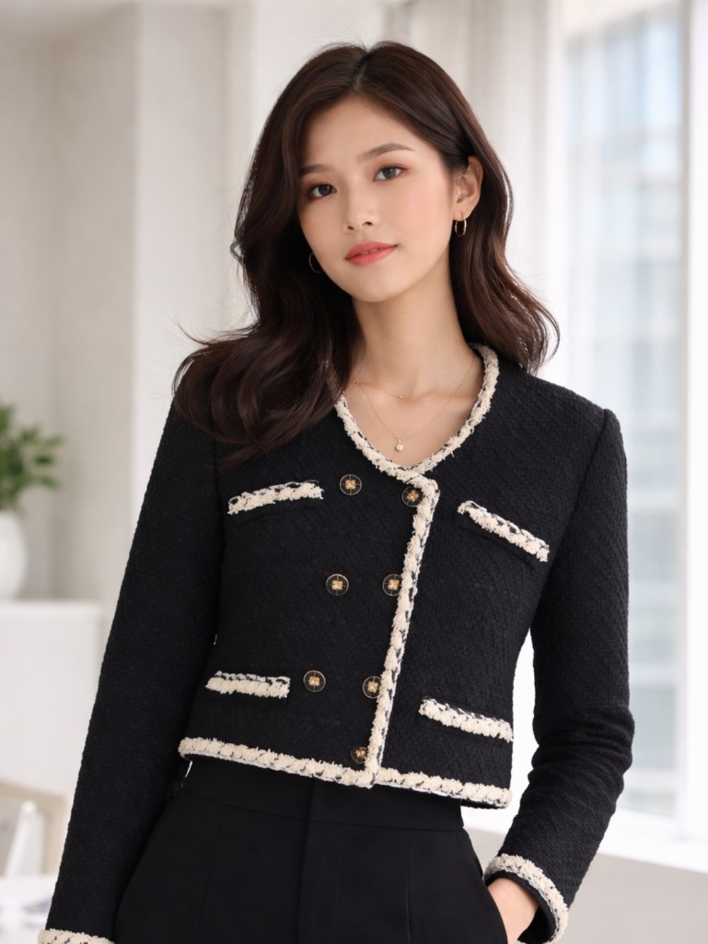 J.ING Black Tweed Cropped Blazer Jacket with Cream Fringe Trim Lined Size S/M